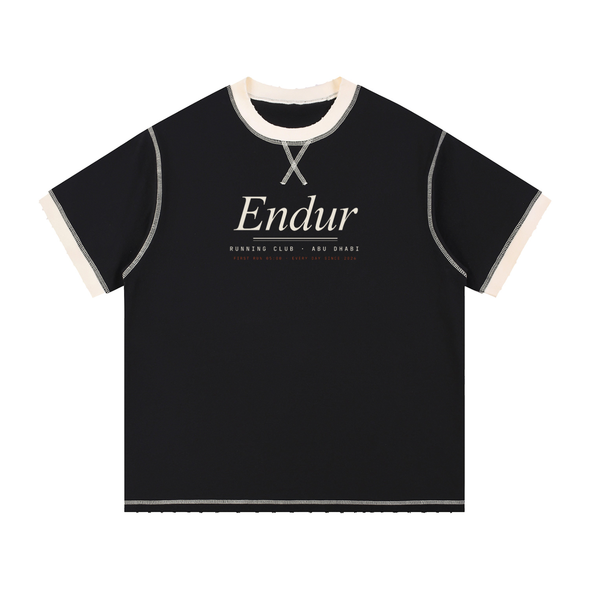 Running Club Ringer Tee — Black with Apricot, flat product view