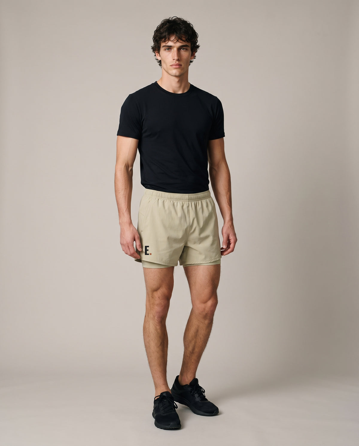 Liner Run Shorts — Pale Khaki, front, worn by an ENDUR model