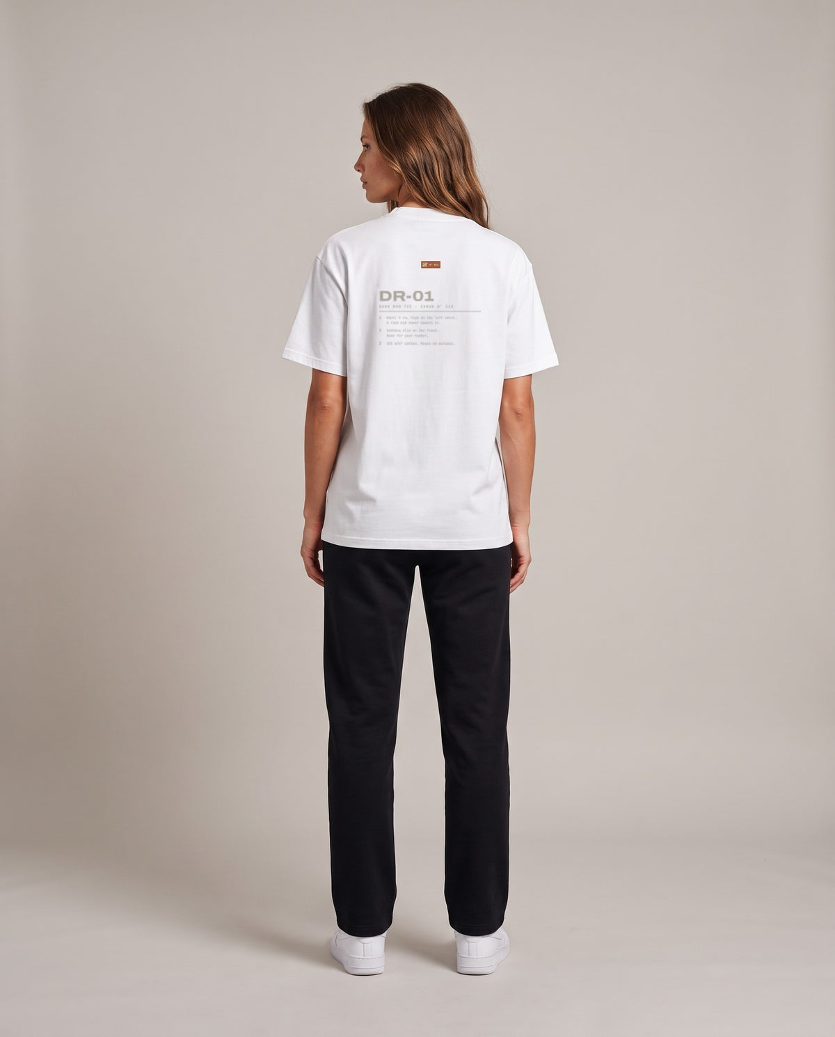 Reason Tee DR-01 — White, back, worn by an ENDUR model