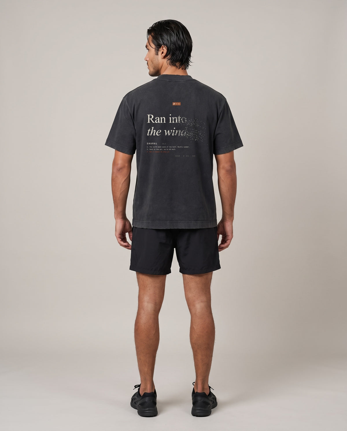 Shamal Heavyweight Tee — Black & Gray Coffee, back, worn by an ENDUR model