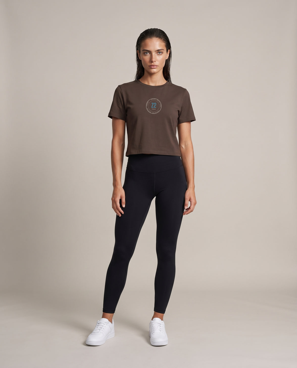 Zone 2 Crop Tee (Women's) — Coffee & Black, front, worn by an ENDUR model