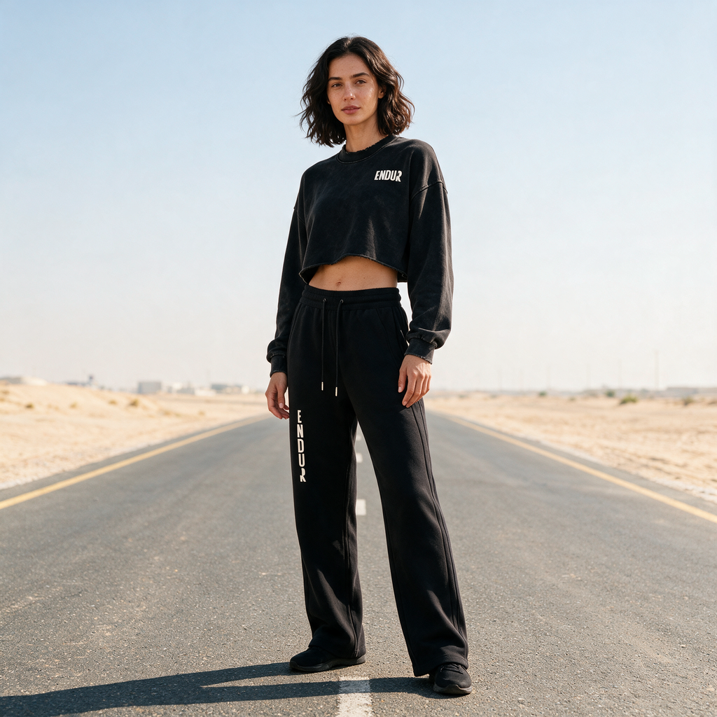 Model wearing the ENDUR Drawstring Straight-Leg Sweatpants, three quarter view