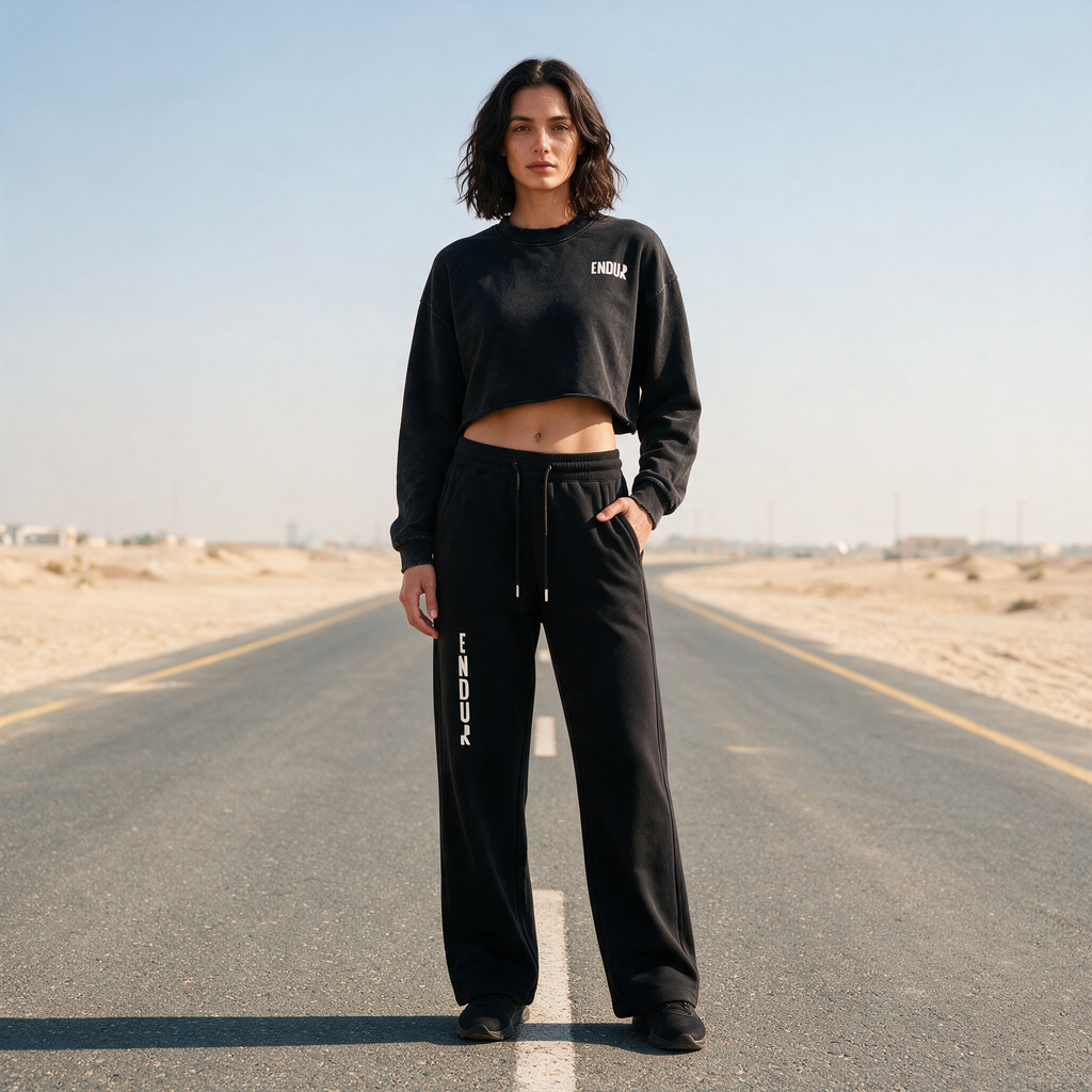 Model wearing the ENDUR Drawstring Straight-Leg Sweatpants, detail view