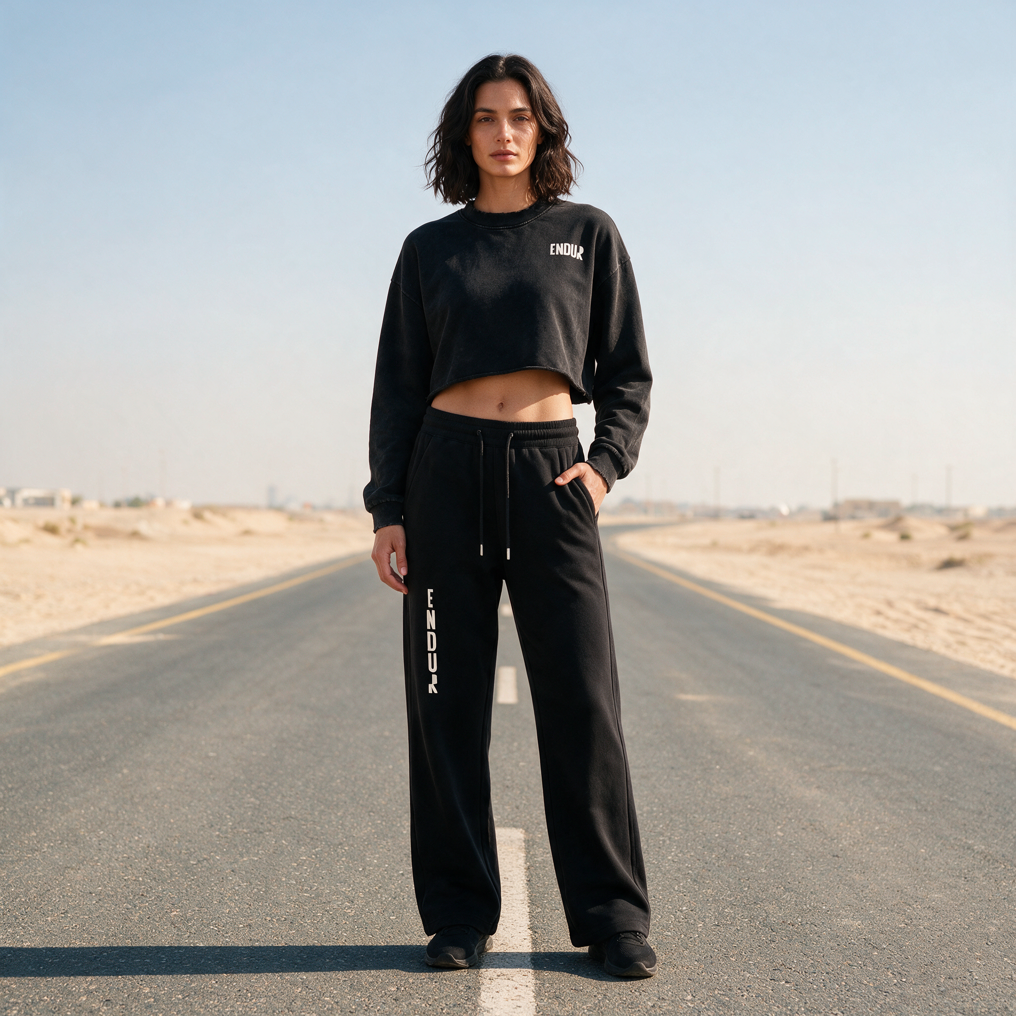 Model wearing the ENDUR Drawstring Straight-Leg Sweatpants, detail view