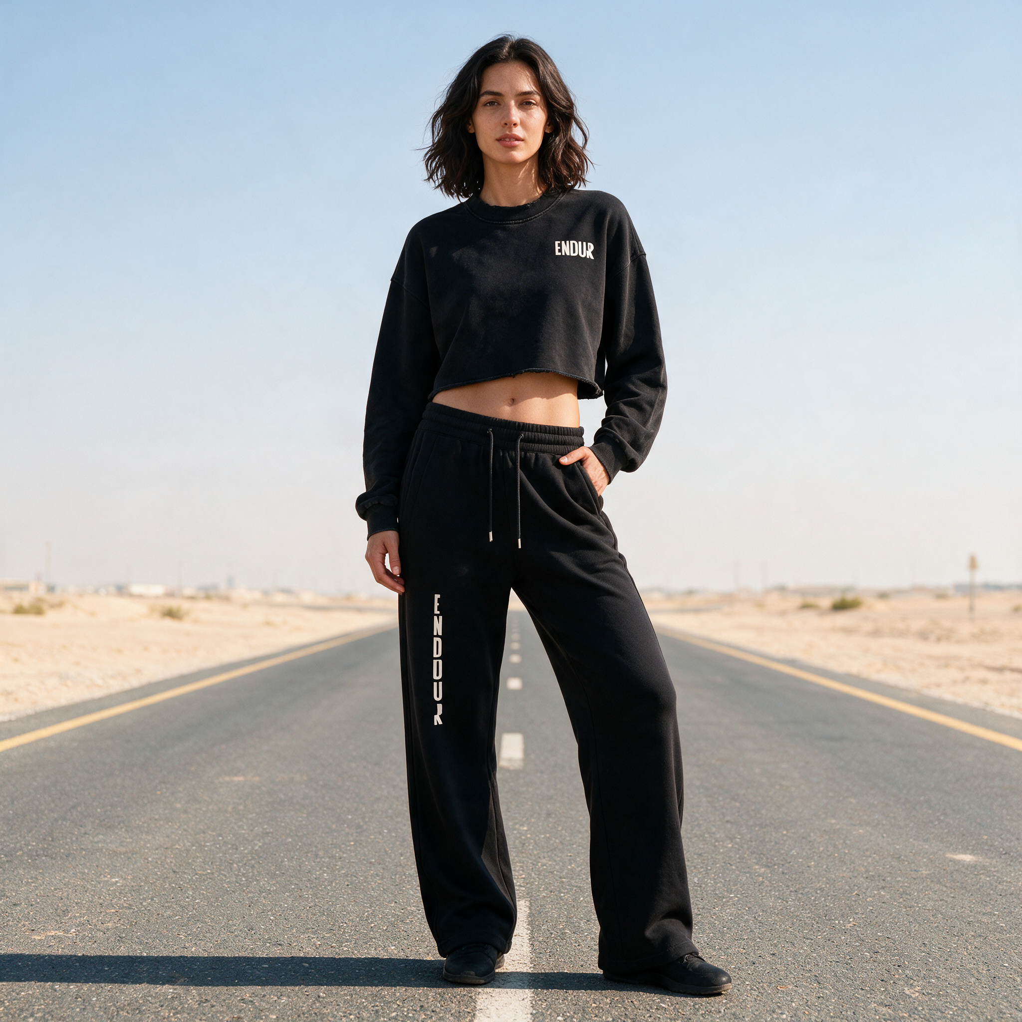 Model wearing the ENDUR Drawstring Straight-Leg Sweatpants, styled view