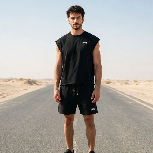 Model wearing the ENDUR French Terry Boxy Tank Top, front view