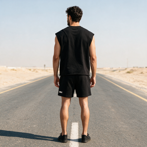 Model wearing the ENDUR French Terry Boxy Tank Top, back view