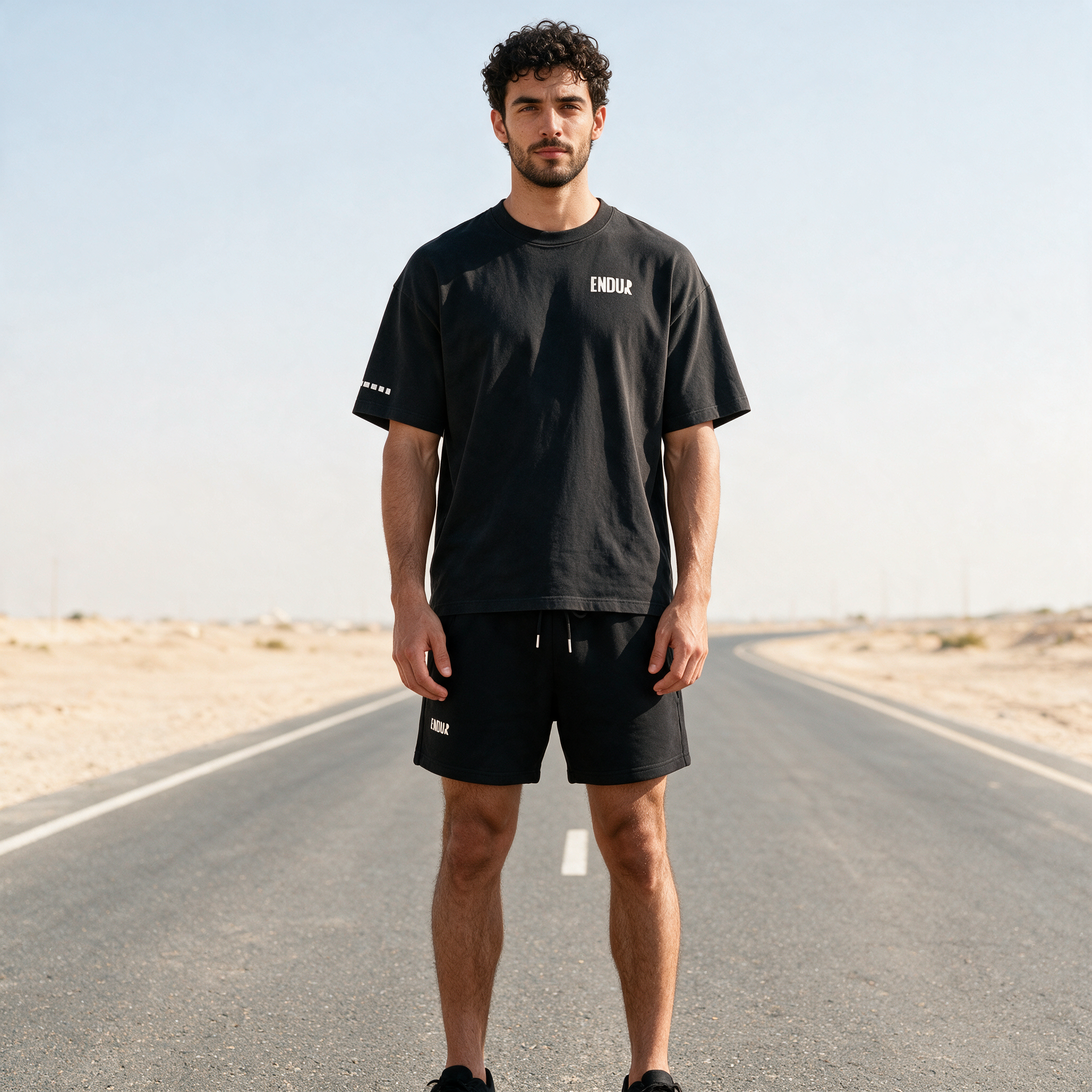 Model wearing the ENDUR Heavyweight Drawstring Shorts, front view