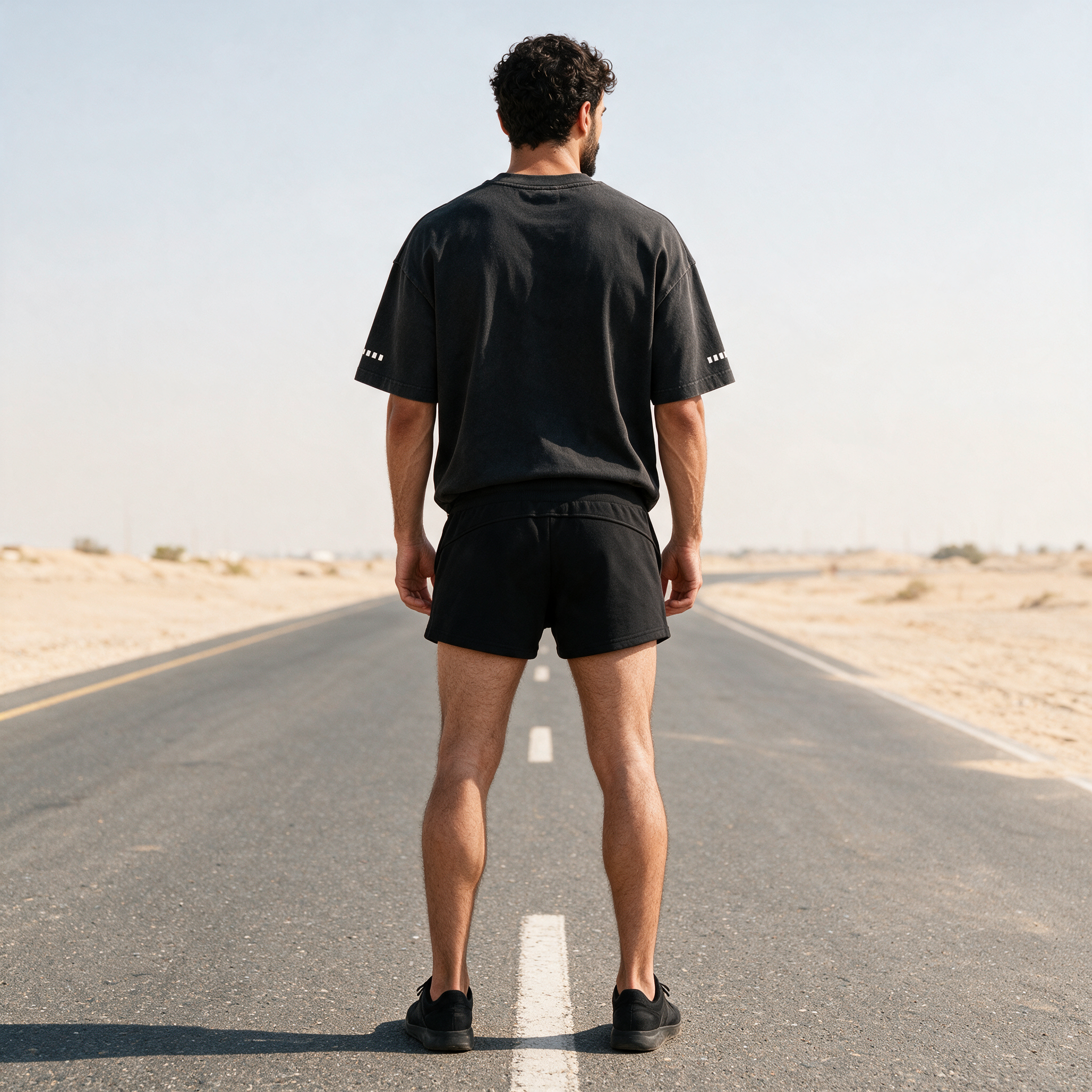 Model wearing the ENDUR Heavyweight Drawstring Shorts, back view