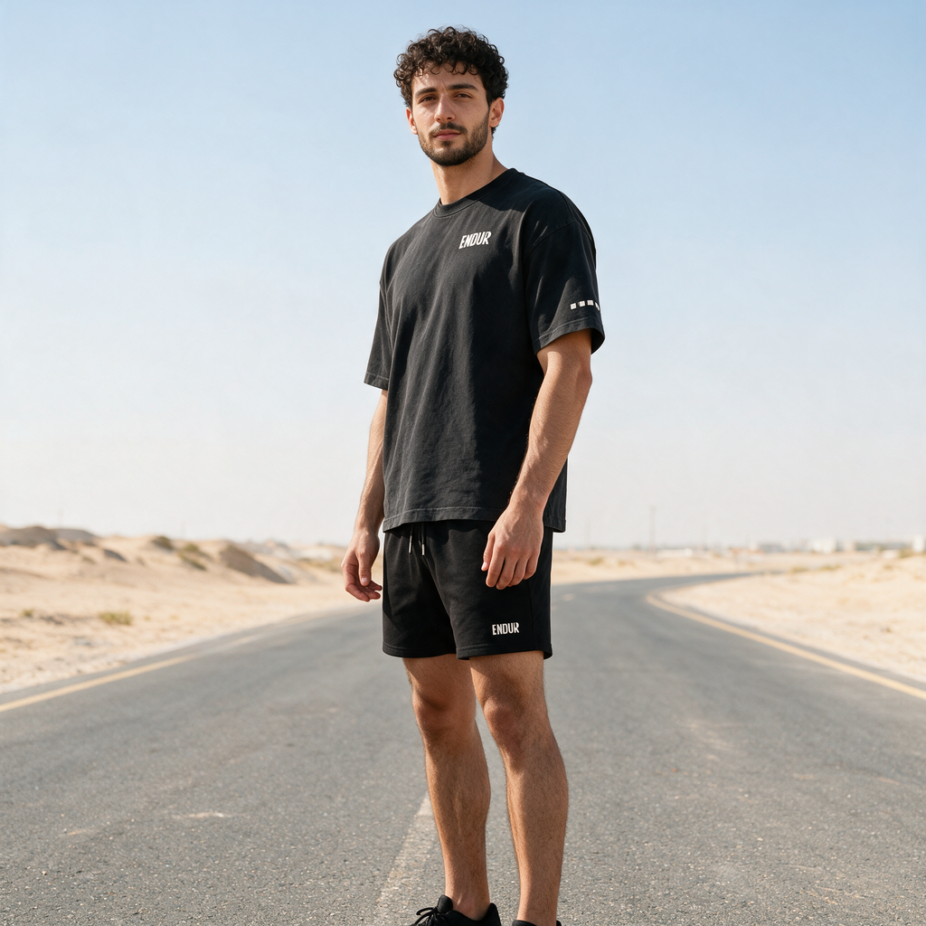 Model wearing the ENDUR Heavyweight Drawstring Shorts, three quarter view