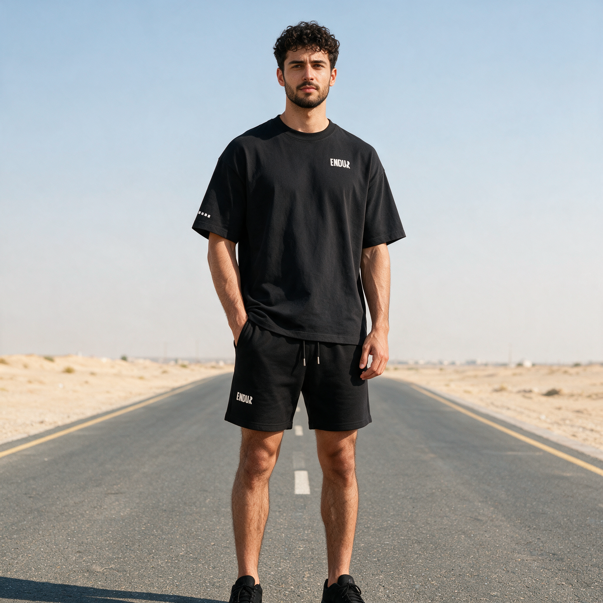 Model wearing the ENDUR Heavyweight Drawstring Shorts, detail view