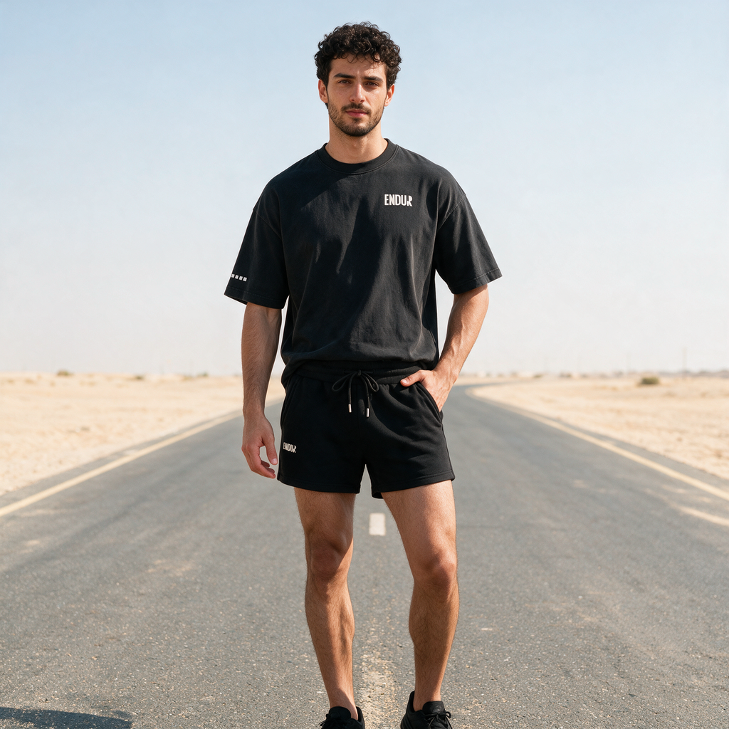 Model wearing the ENDUR Heavyweight Drawstring Shorts, styled view