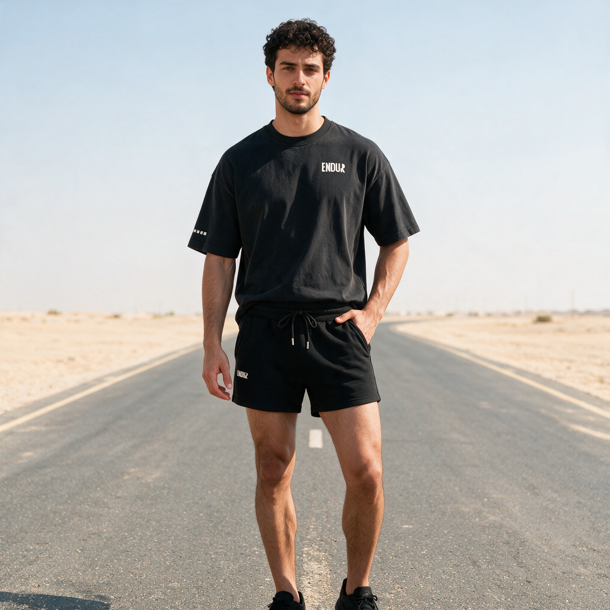 Model wearing the ENDUR Heavyweight Drawstring Shorts, styled view