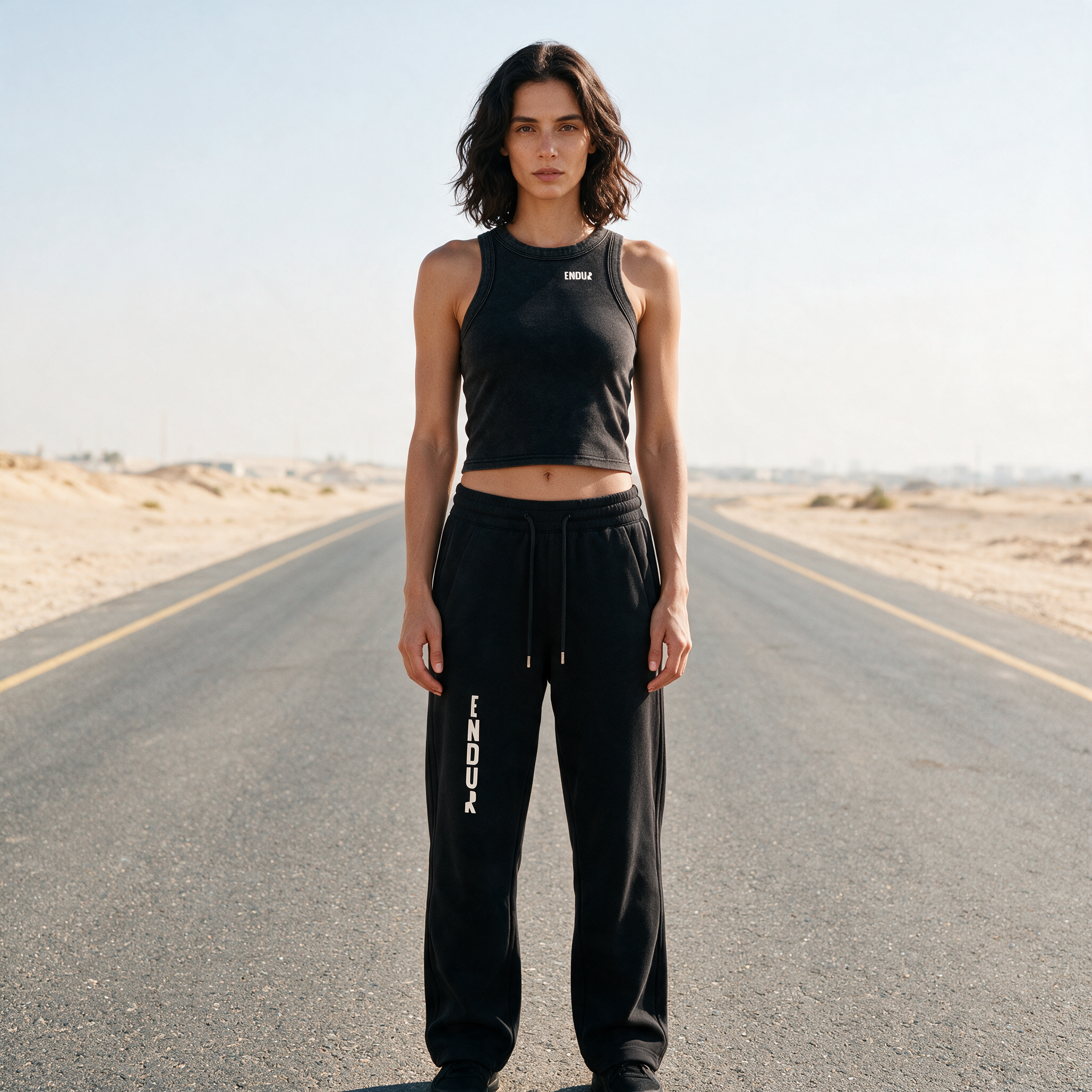 Model wearing the ENDUR Snow Wash Crop Tank Top, front view