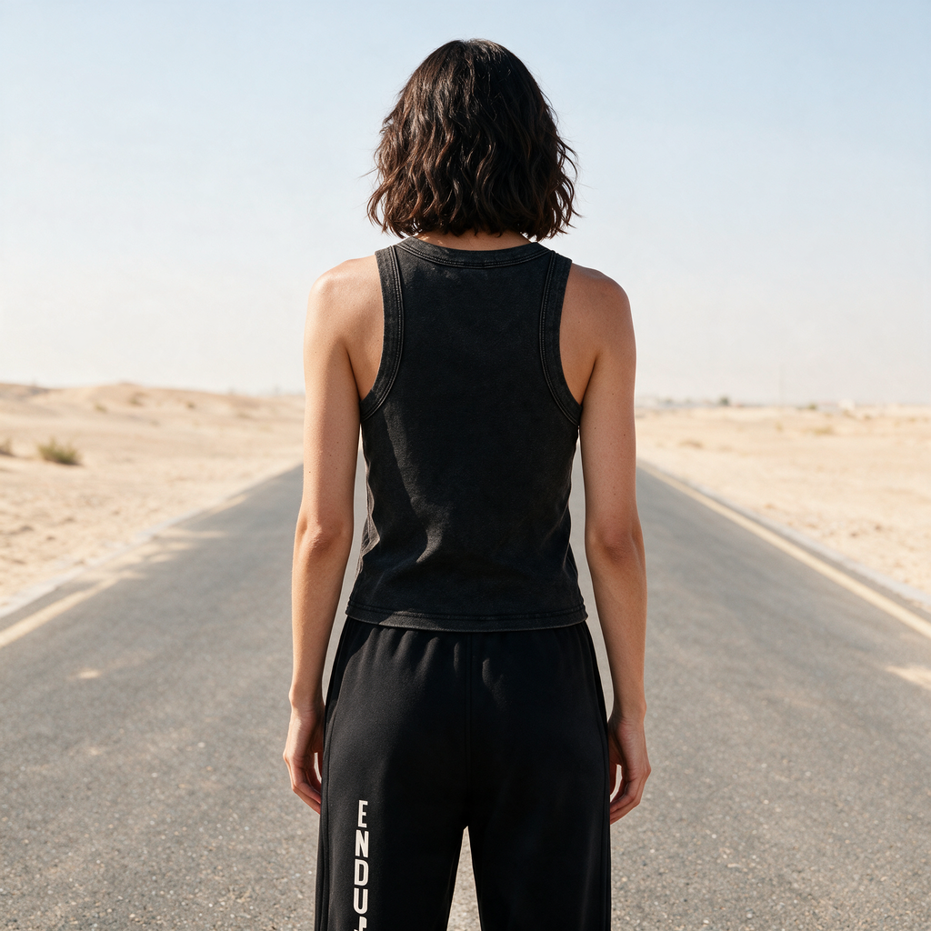 Model wearing the ENDUR Snow Wash Crop Tank Top, back view