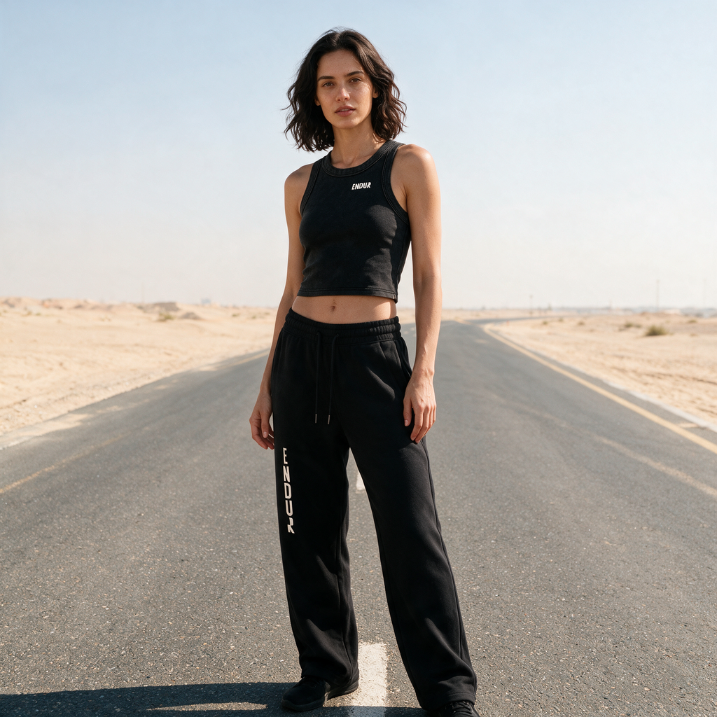 Model wearing the ENDUR Snow Wash Crop Tank Top, three quarter view