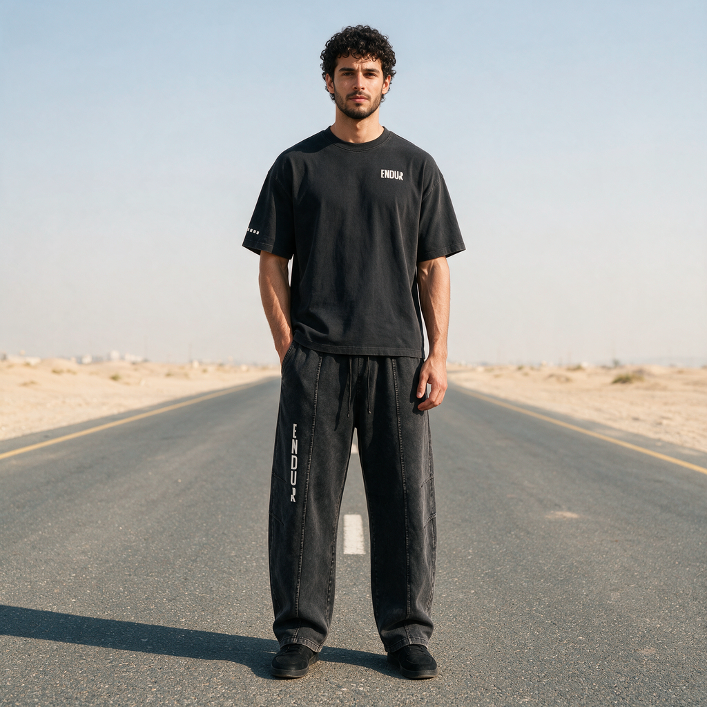 Model wearing the ENDUR Snow Wash Drawstring Pants, detail view