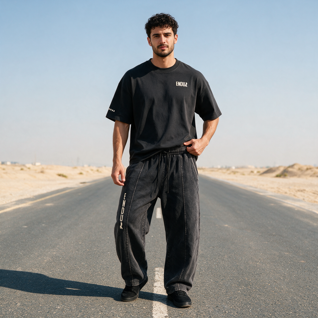Model wearing the ENDUR Snow Wash Drawstring Pants, styled view