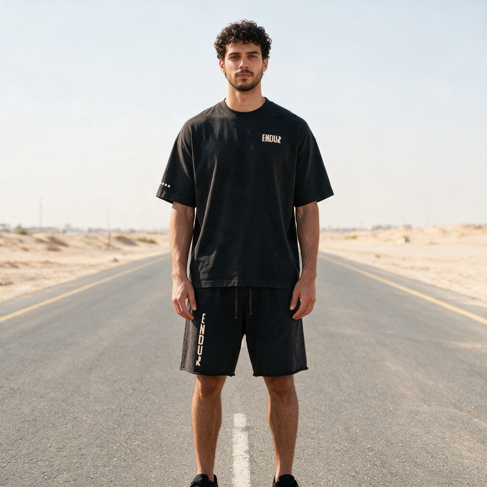 Model wearing the ENDUR Snow Wash Raw Hem Shorts, front view