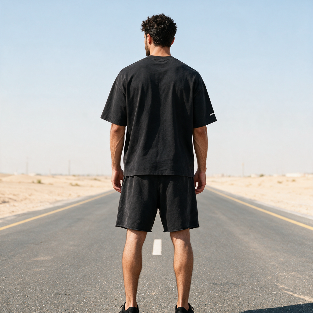 Model wearing the ENDUR Snow Wash Raw Hem Shorts, back view