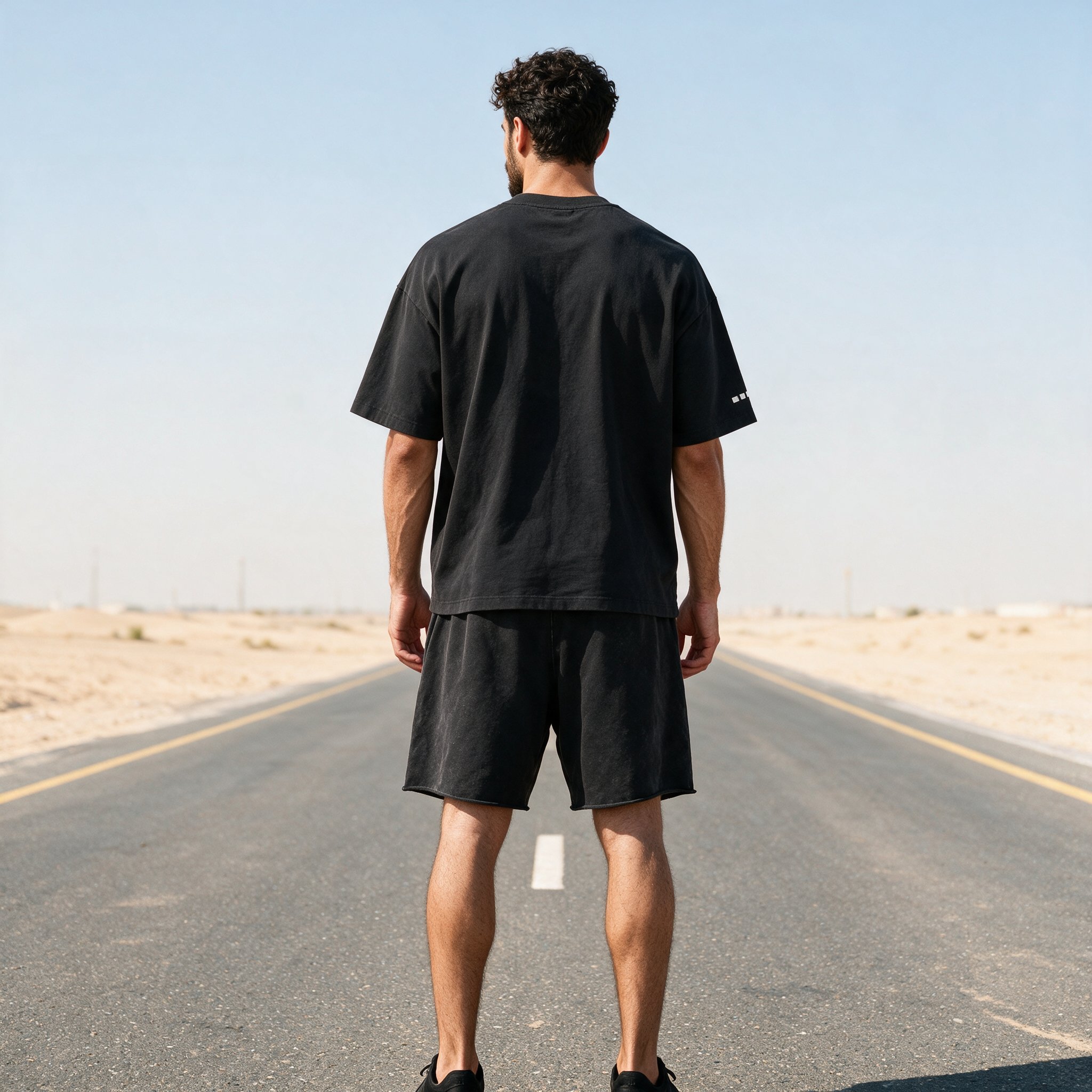 Model wearing the ENDUR Snow Wash Raw Hem Shorts, back view