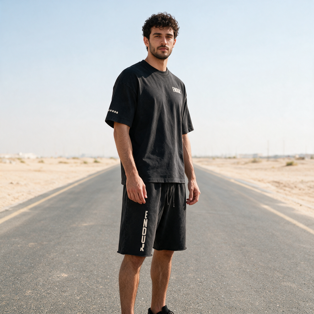 Model wearing the ENDUR Snow Wash Raw Hem Shorts, three quarter view