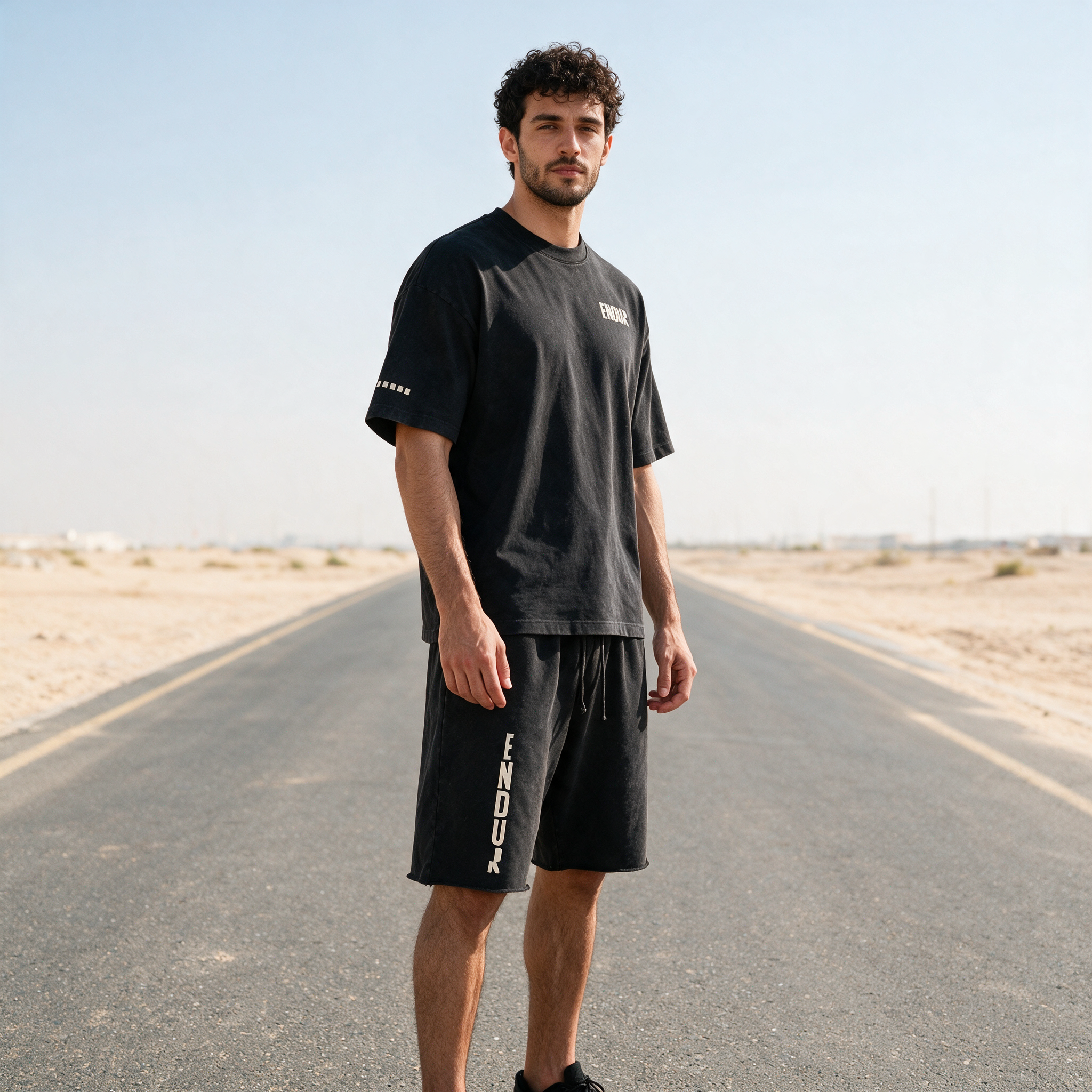 Model wearing the ENDUR Snow Wash Raw Hem Shorts, three quarter view