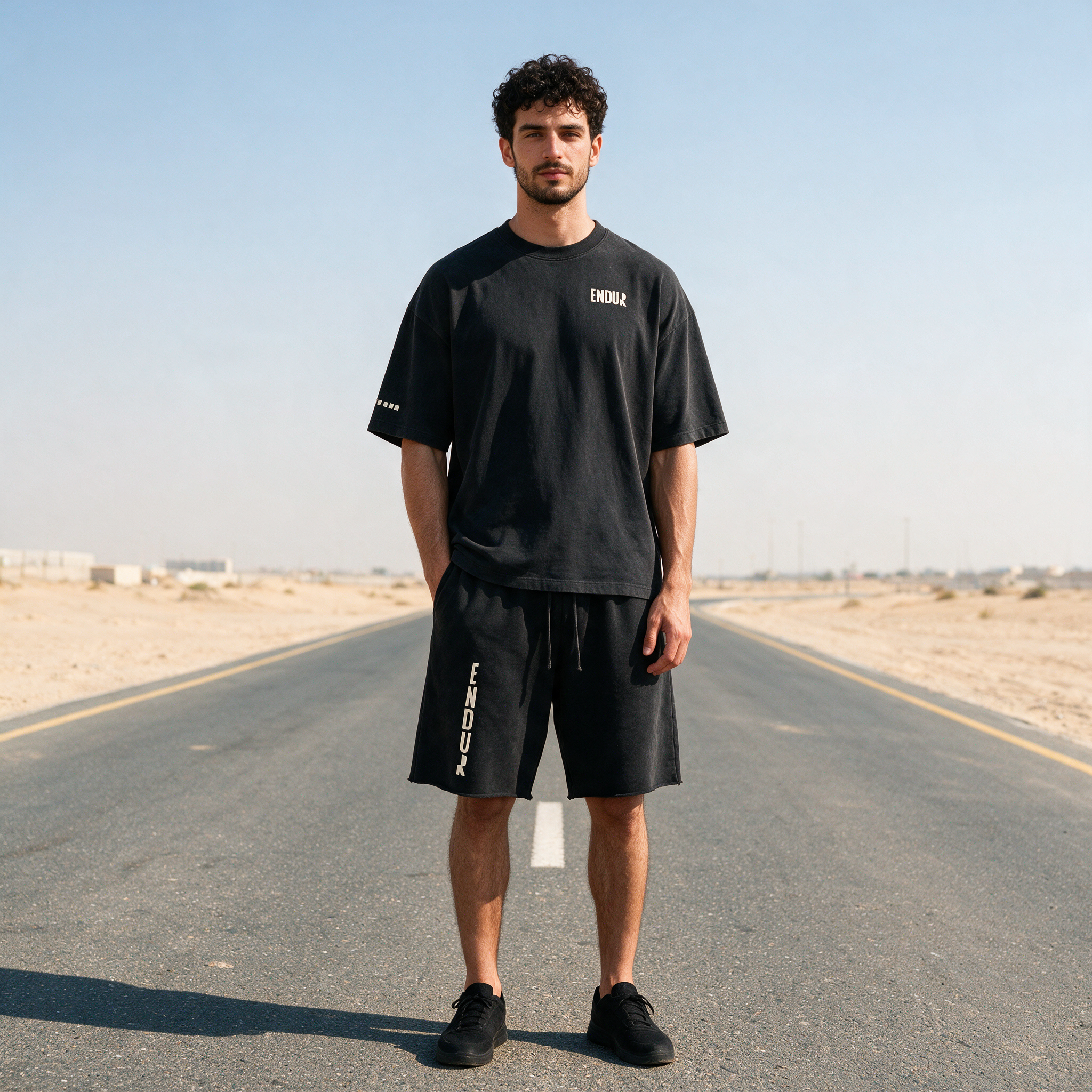 Model wearing the ENDUR Snow Wash Raw Hem Shorts, detail view