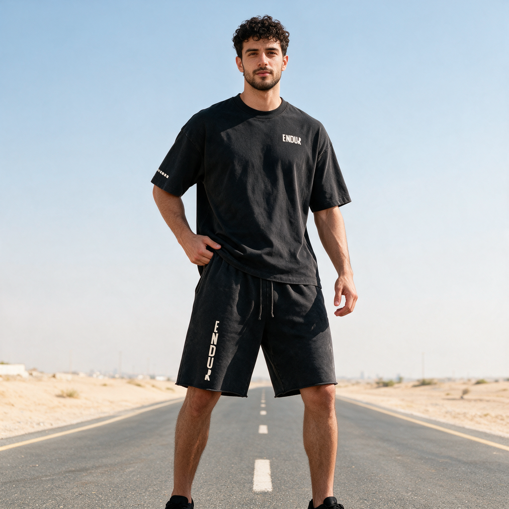 Model wearing the ENDUR Snow Wash Raw Hem Shorts, styled view