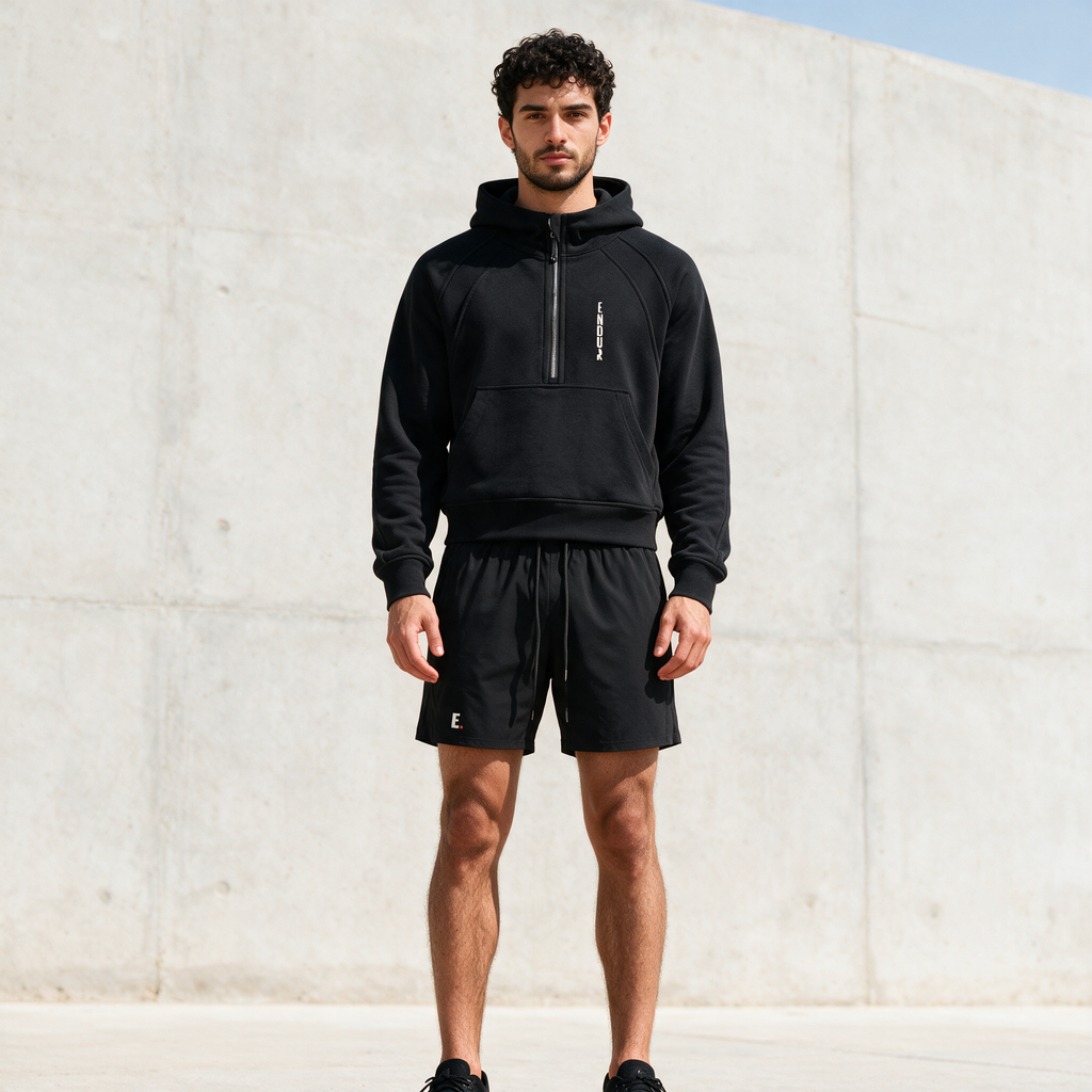 Model wearing the ENDUR Off Day Half-Zip, front view
