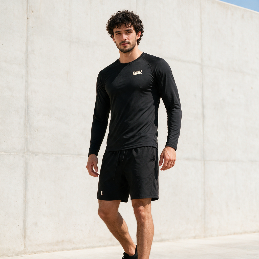 Model wearing the ENDUR Off Day Long Sleeve, three quarter view