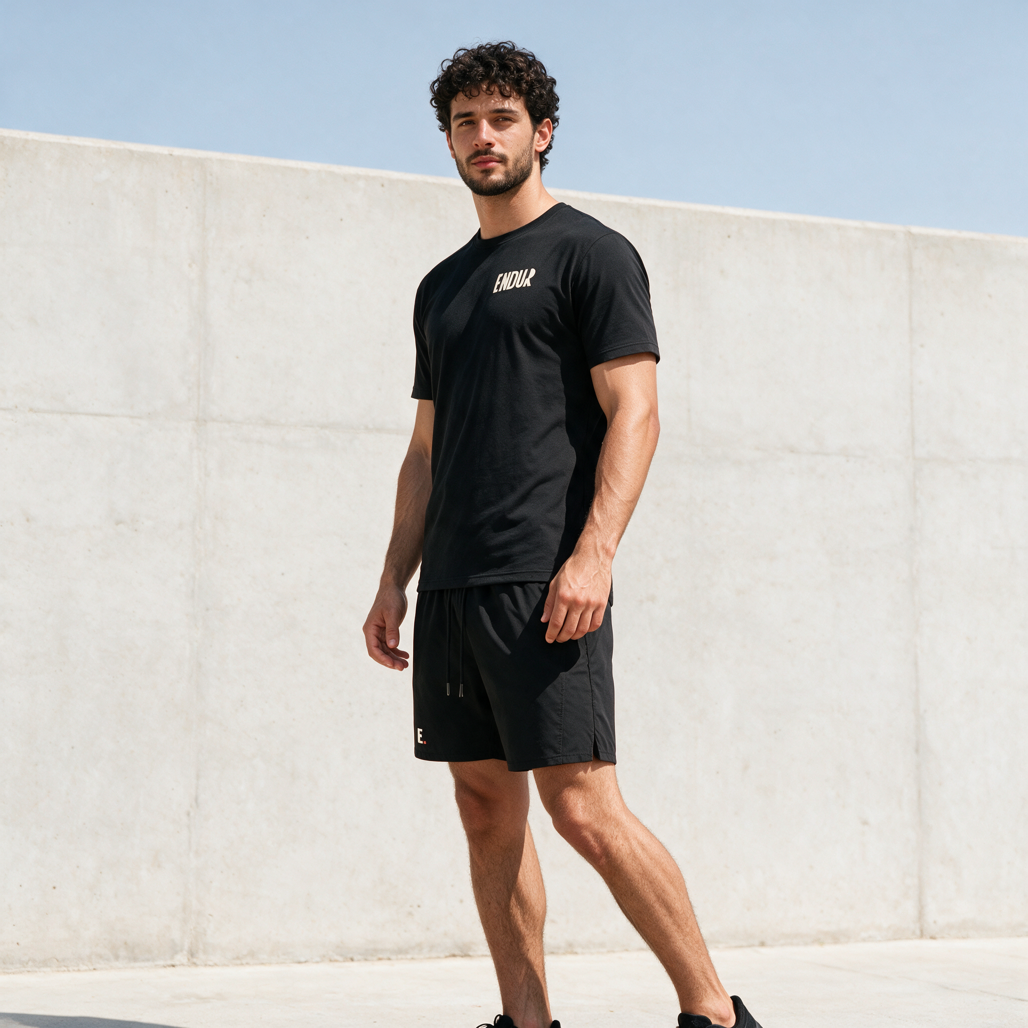 Model wearing the ENDUR Off Day Shorts, three quarter view