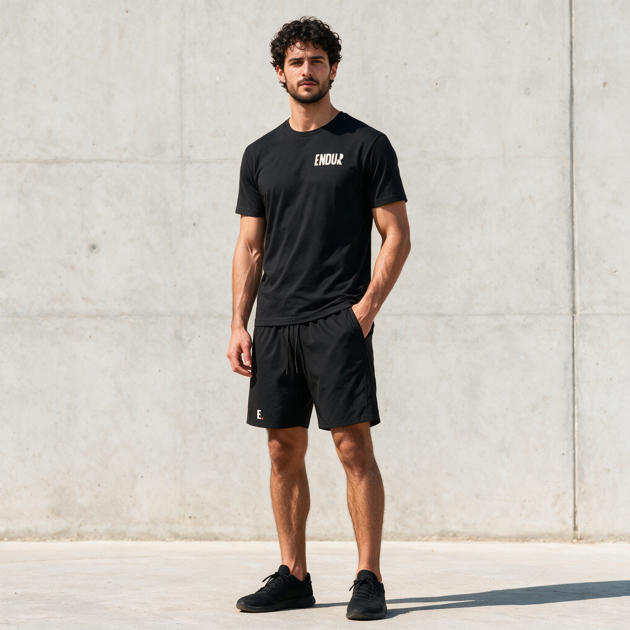 Model wearing the ENDUR Off Day Shorts, detail view