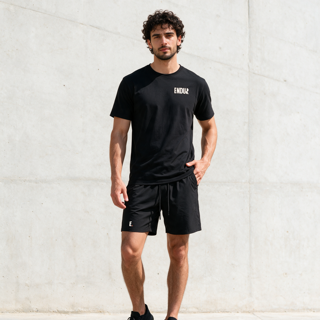 Model wearing the ENDUR Off Day Shorts, styled view