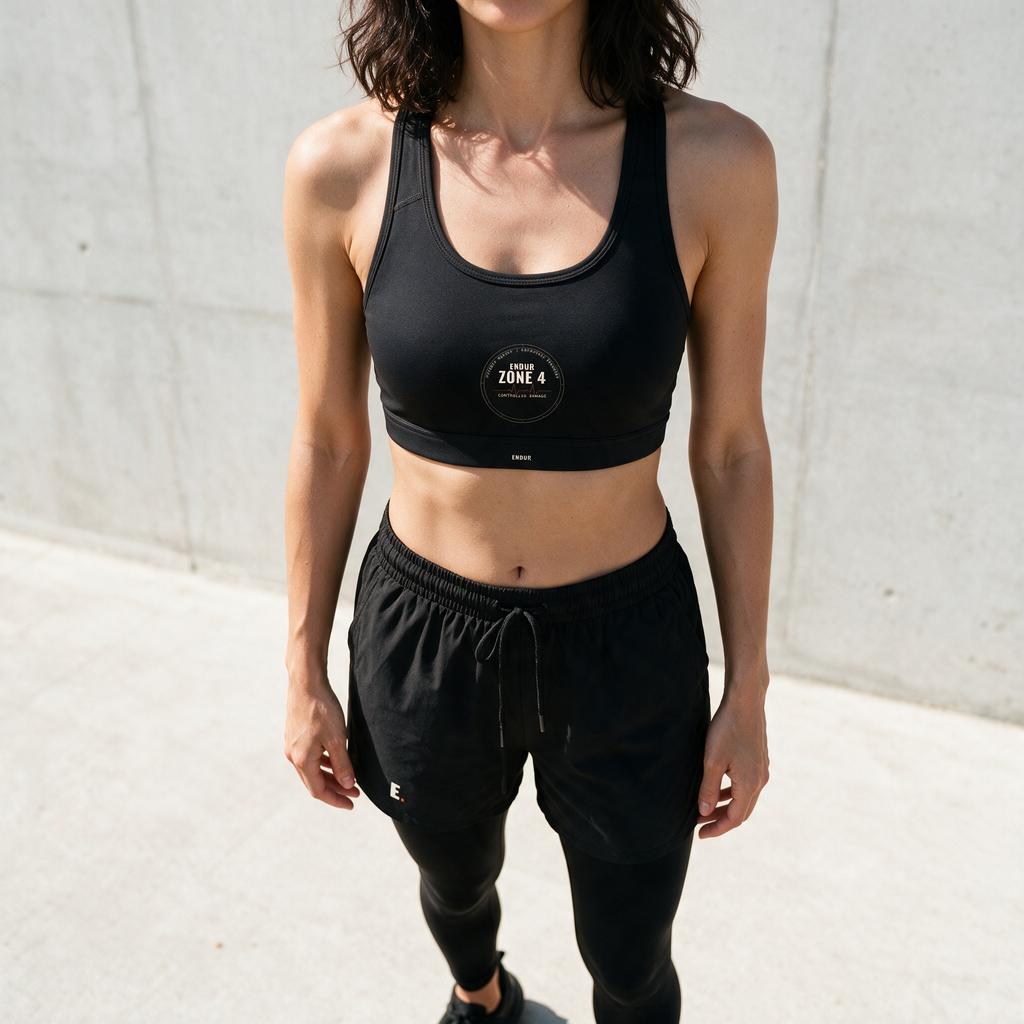 Model wearing the ENDUR Off Day Sports Bra, detail view