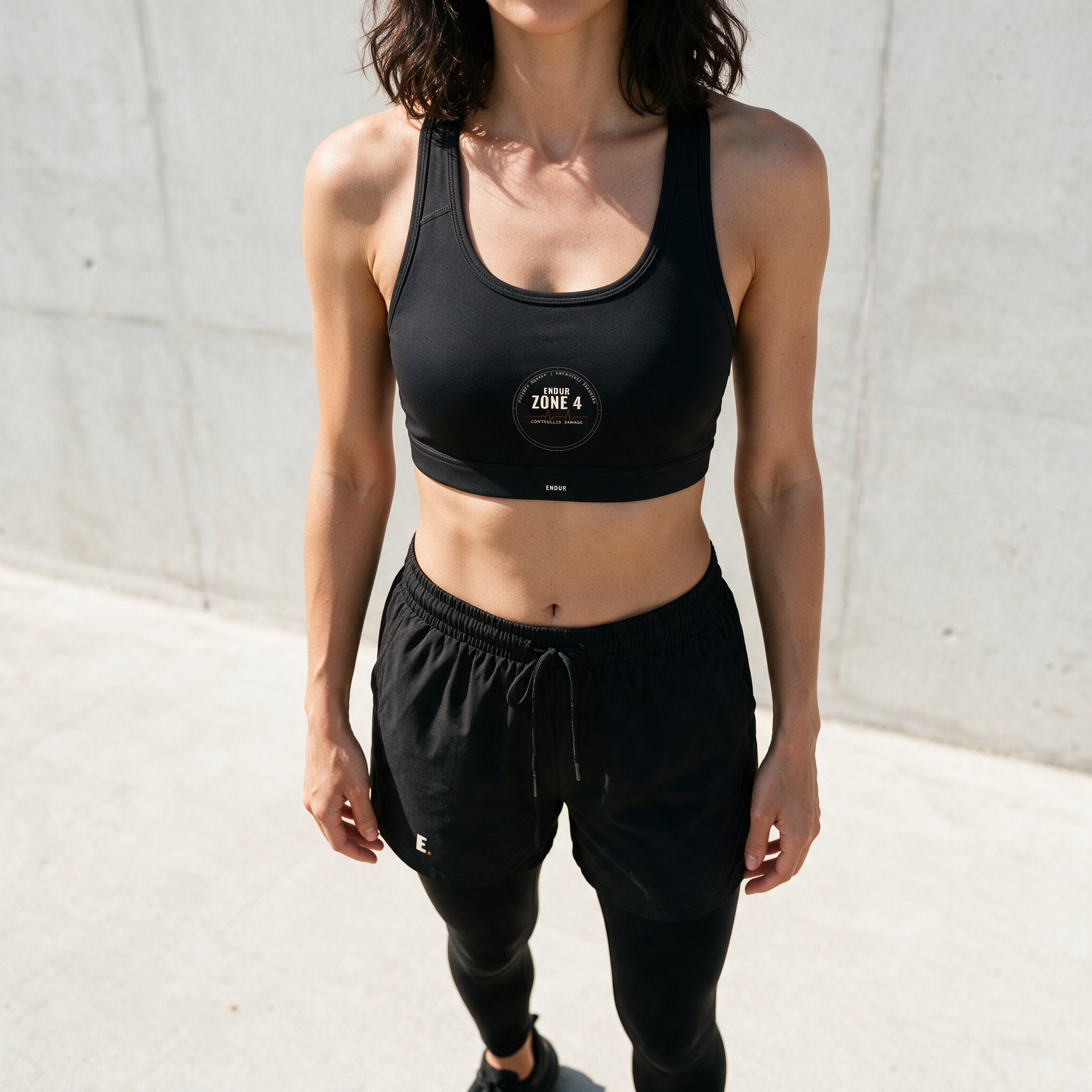 Model wearing the ENDUR Off Day Sports Bra, detail view