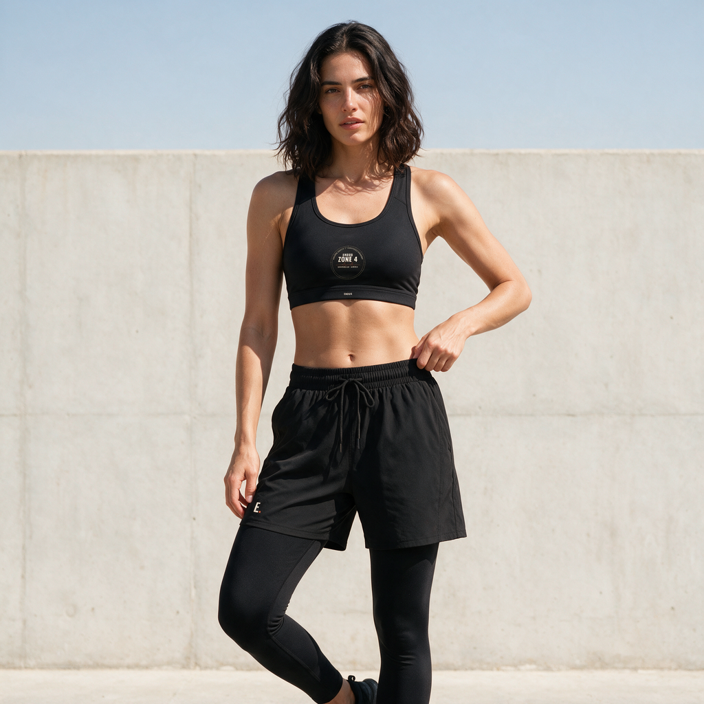 Model wearing the ENDUR Off Day Sports Bra, styled view
