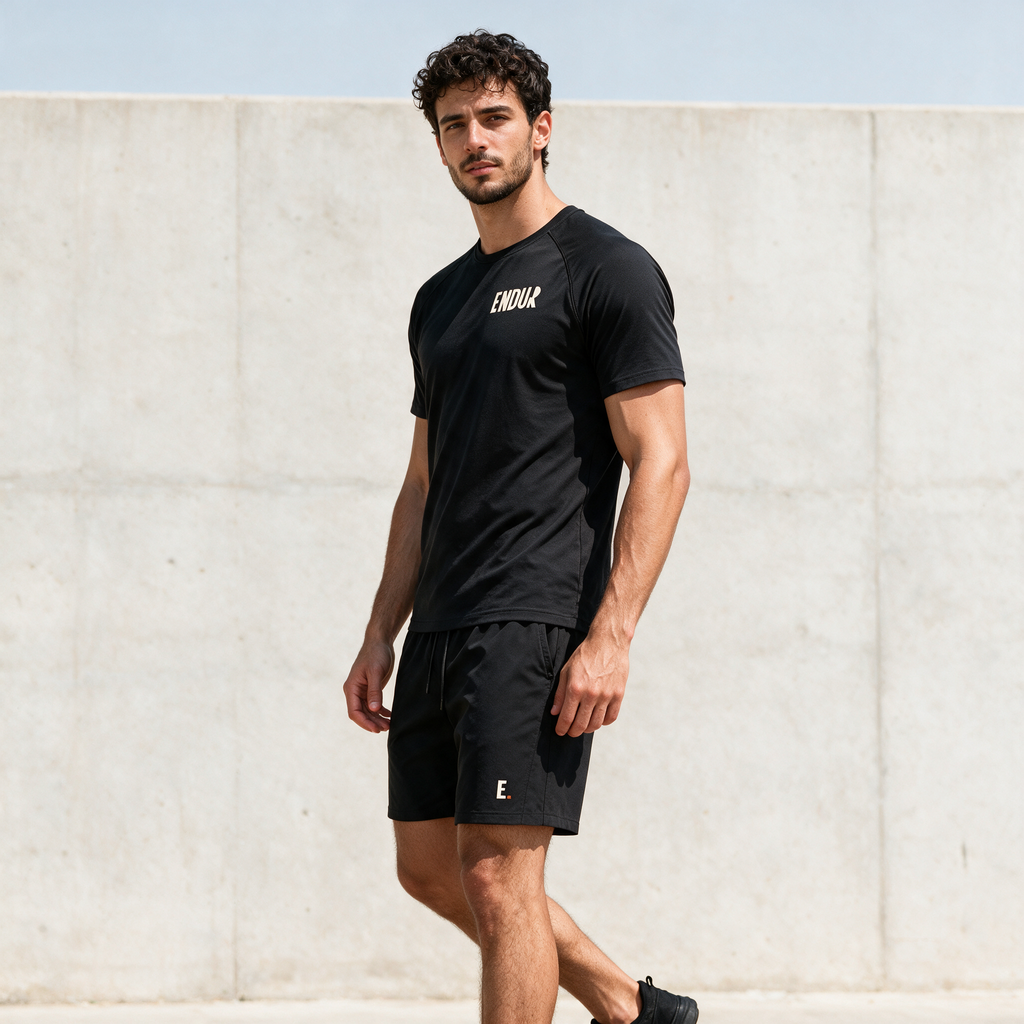 Model wearing the ENDUR Off Day Tee, three quarter view
