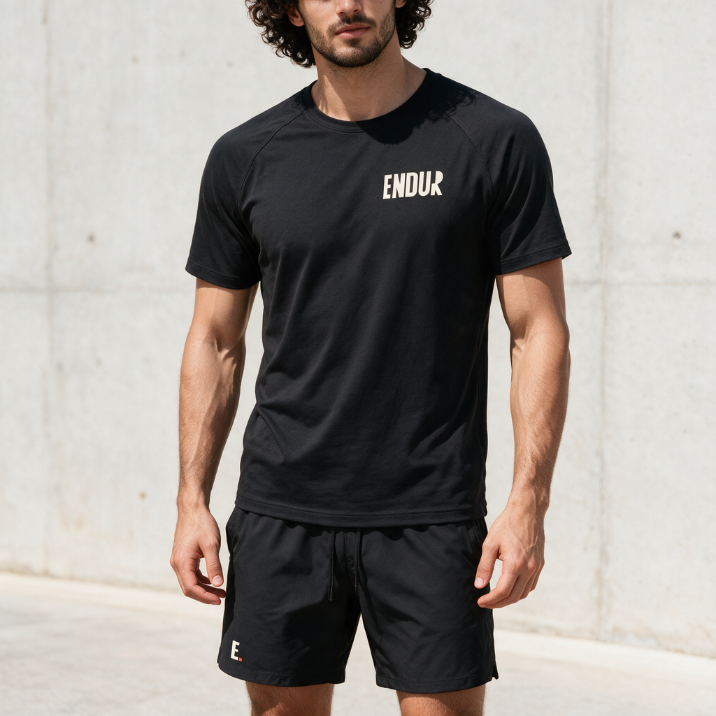 Model wearing the ENDUR Off Day Tee, detail view