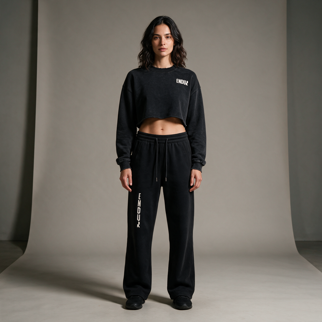 Model wearing the ENDUR Drawstring Straight-Leg Sweatpants, studio front view