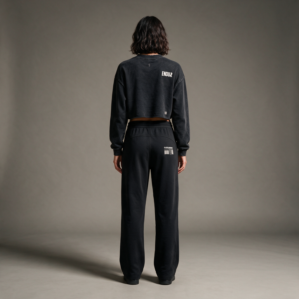 Model wearing the ENDUR Drawstring Straight-Leg Sweatpants, studio back view