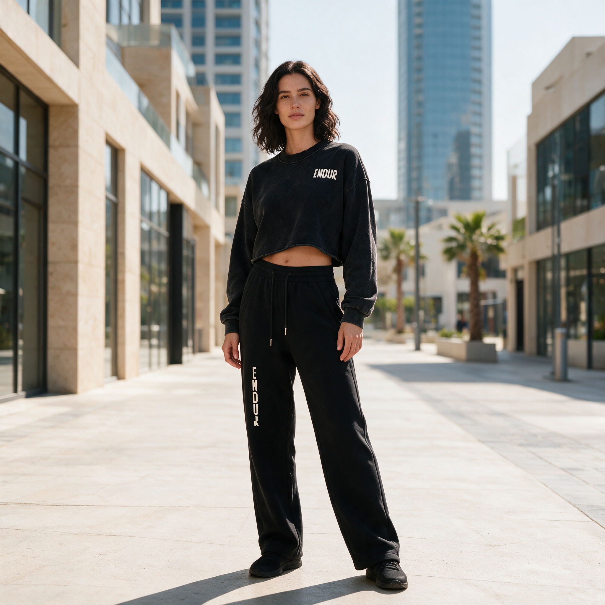 Model wearing the ENDUR Drawstring Straight-Leg Sweatpants, in Dubai