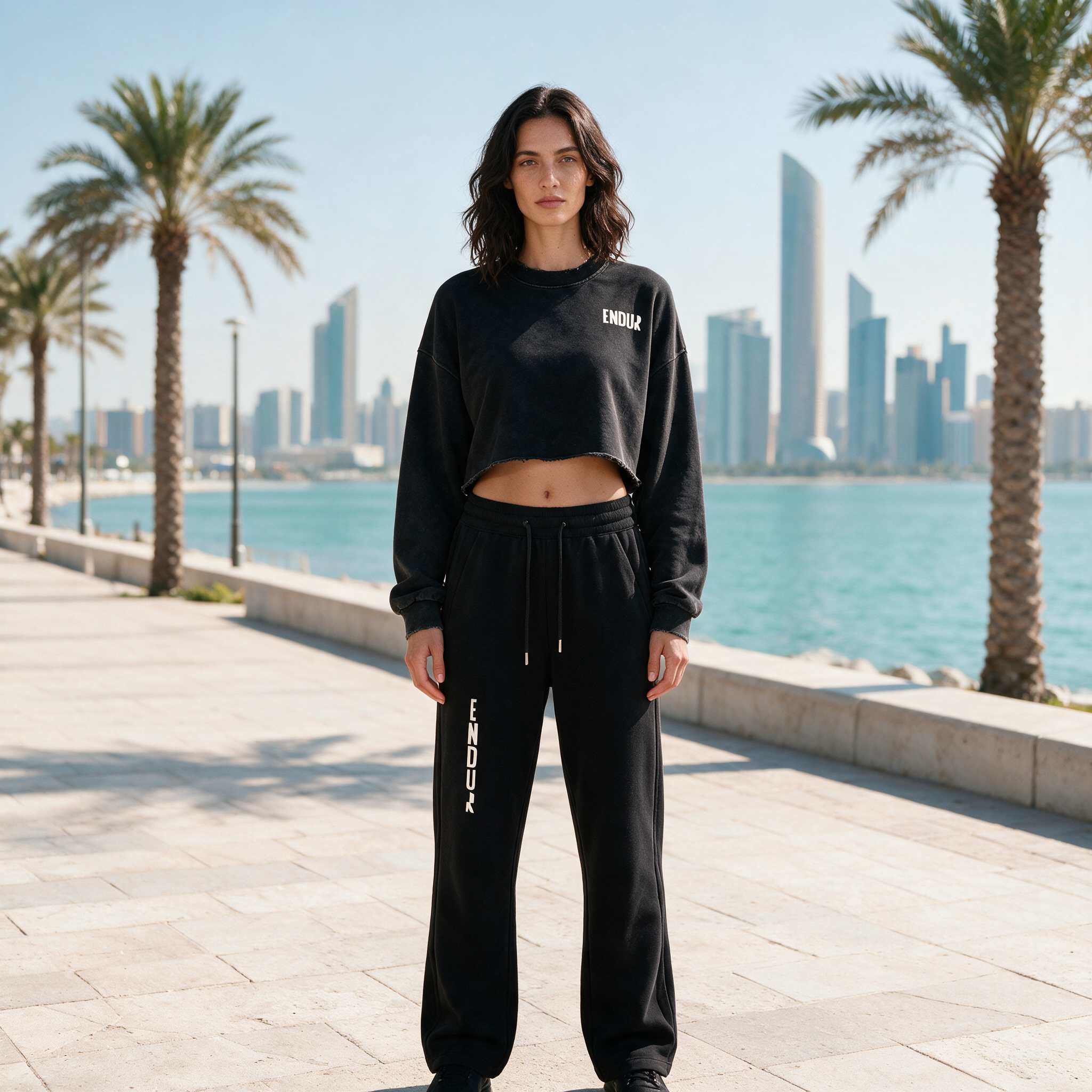 Model wearing the ENDUR Drawstring Straight-Leg Sweatpants, on the Abu Dhabi Corniche