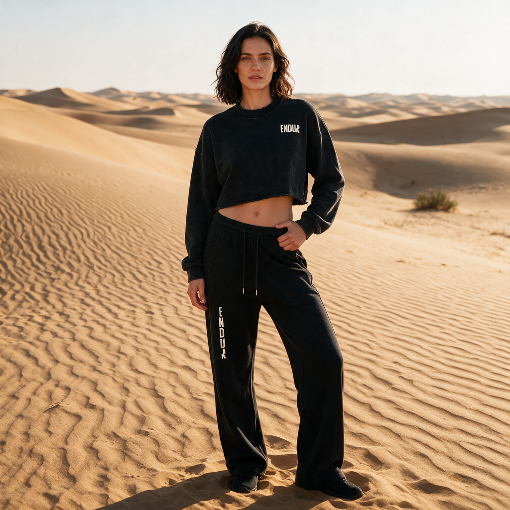 Model wearing the ENDUR Drawstring Straight-Leg Sweatpants, in the desert