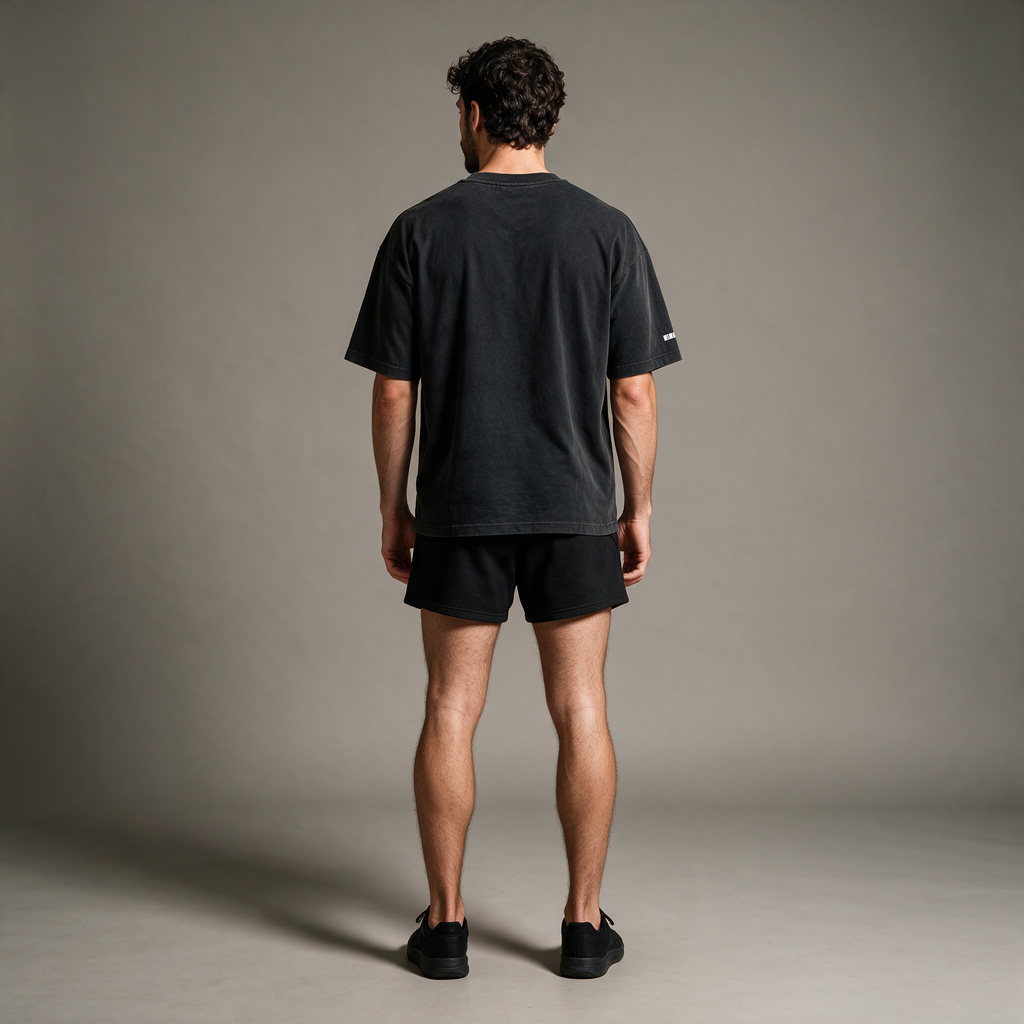 Model wearing the ENDUR Heavyweight Drawstring Shorts, studio back view