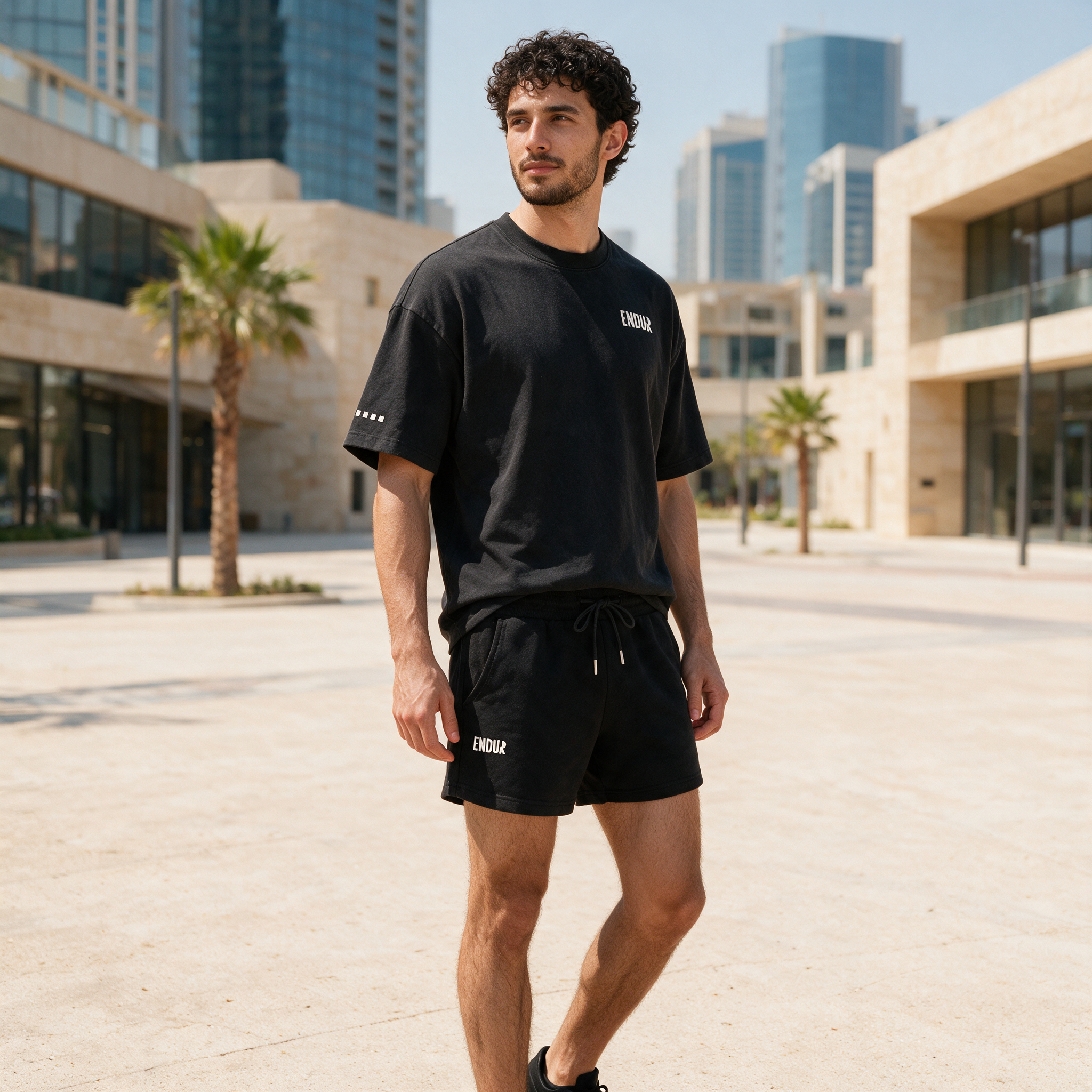 Model wearing the ENDUR Heavyweight Drawstring Shorts, in Dubai