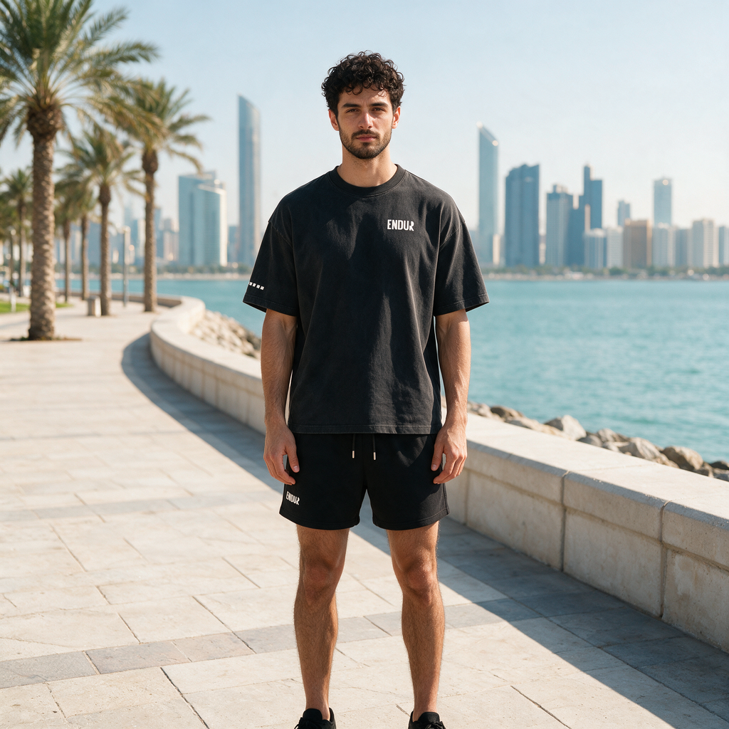 Model wearing the ENDUR Heavyweight Drawstring Shorts, on the Abu Dhabi Corniche