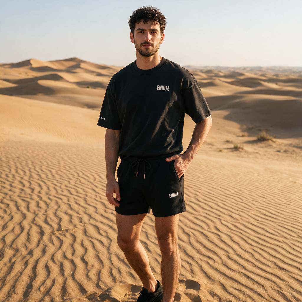 Model wearing the ENDUR Heavyweight Drawstring Shorts, in the desert
