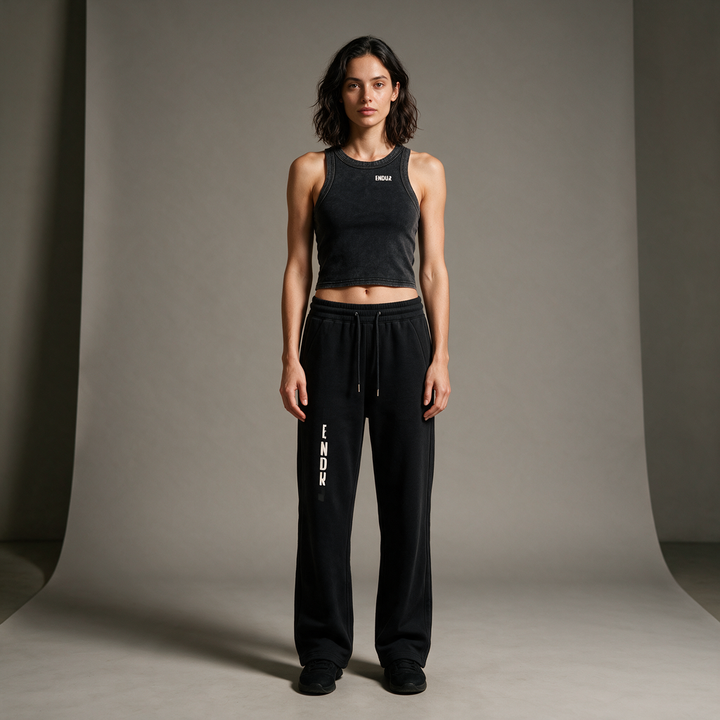 Model wearing the ENDUR Snow Wash Crop Tank Top, studio front view