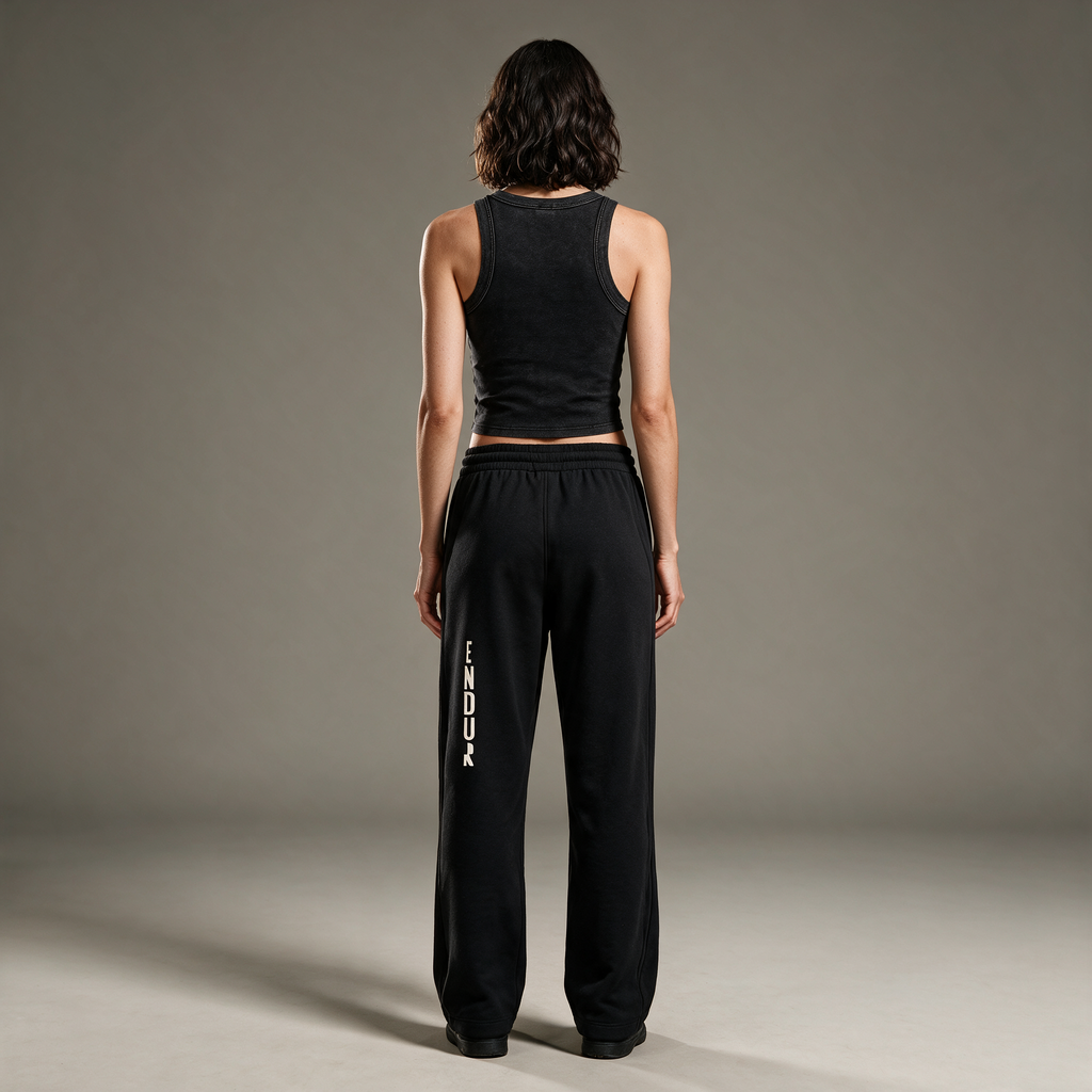 Model wearing the ENDUR Snow Wash Crop Tank Top, studio back view